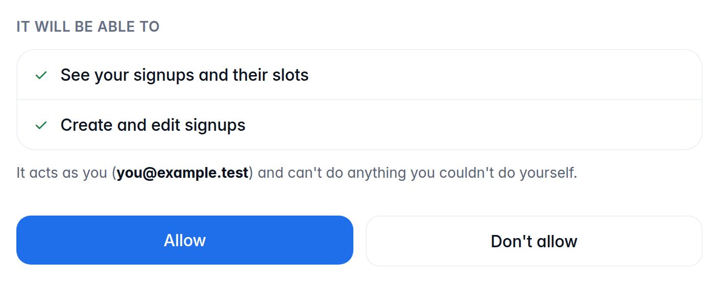 The approval page, listing what the app will be able to do, with Allow and Don't allow buttons below.