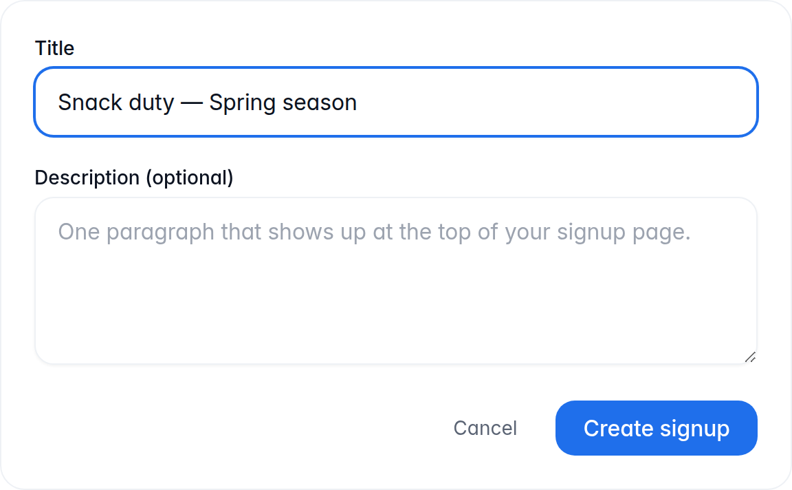 The New signup page, with Snack duty — Spring season typed in as the title.