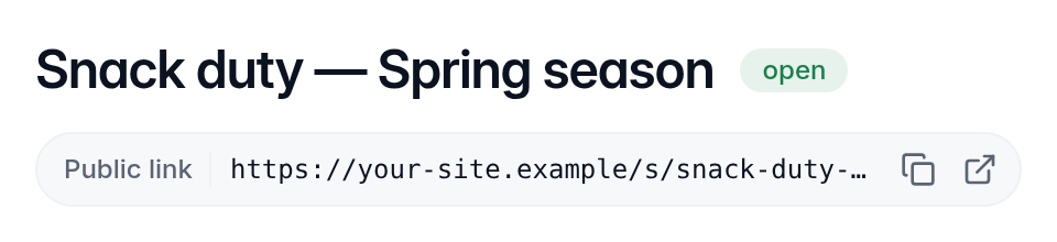 The top of a published signup, marked open, with the public link and its copy button.
